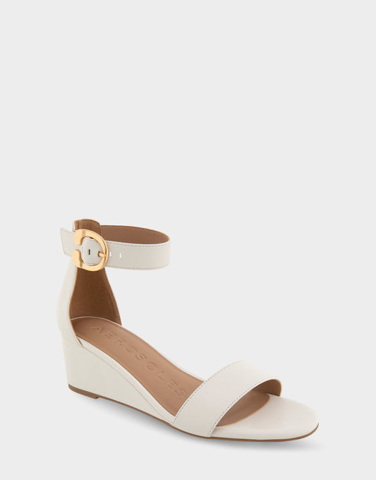 Women's Ankle Strap Mid Wedge Sandal in Eggnog Faux Leather
