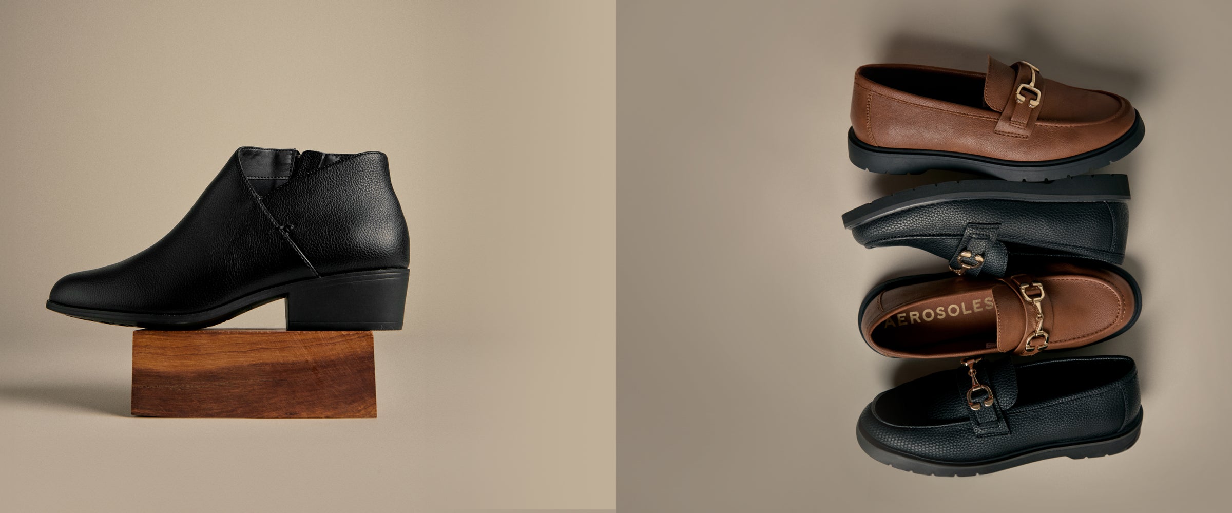 Black ankle boots on a wooden block with brown loafers stacked on a beige background
