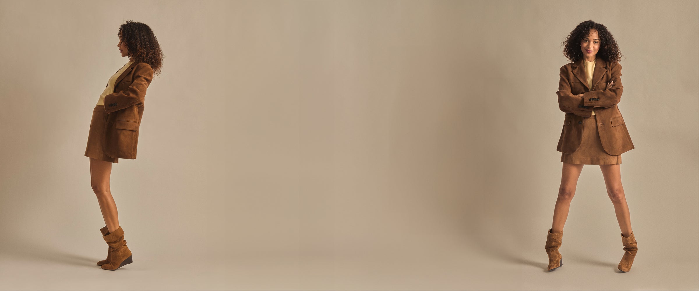 Woman in a brown suit and brown booties standing against a beige background. the semi-annual event shop now