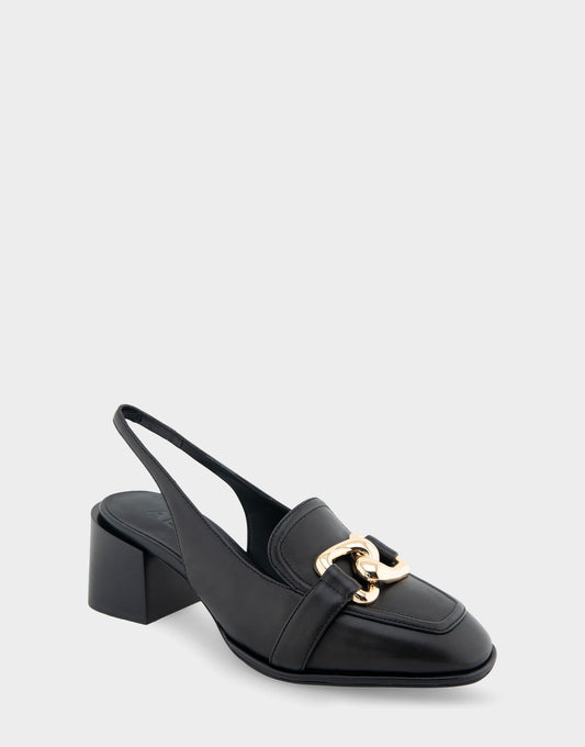 Women's Ornamented Block Heel Slingback in Black Leather