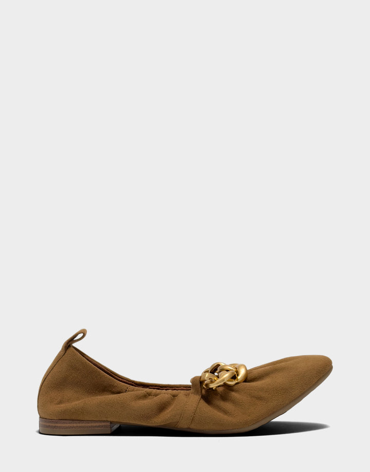 Comfortable Women's Dress Flat in Tobacco Faux Suede Side View