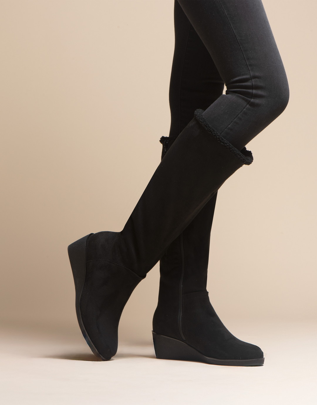 Binocular Shearling Black Faux Suede Faux Shearling Trimmed Knee High Wedge Boot Aerosoles