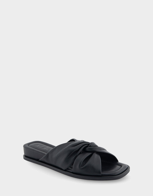 Women's Knotted Mini Wedge Slide Sandal in Black Leather