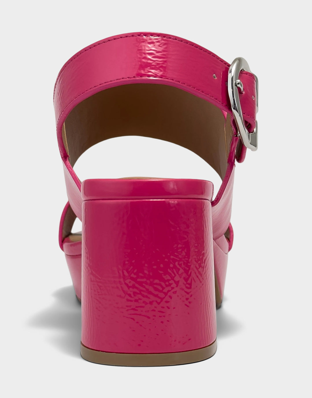 Comfortable Women's Platform Sandal in Pink Faux Crinkle Patent
Back View