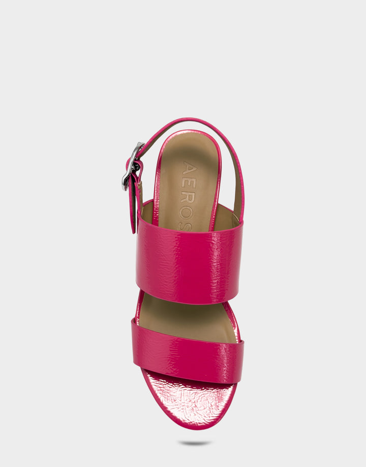 Comfortable Women's Platform Sandal in Pink Faux Crinkle Patent
Full Front View