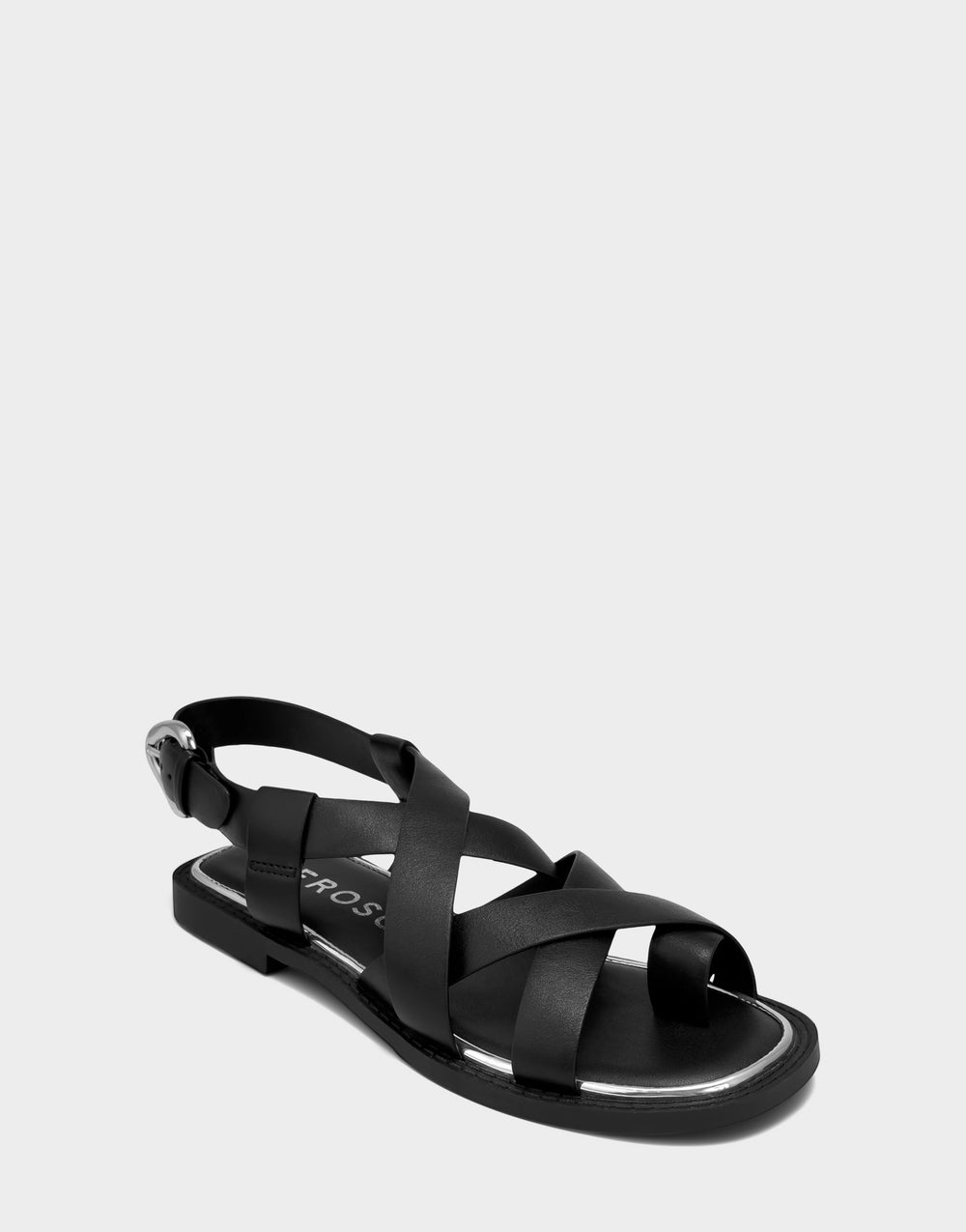 Comfortable Women's Flat Sandal in Black Faux Leather Side Angle View
