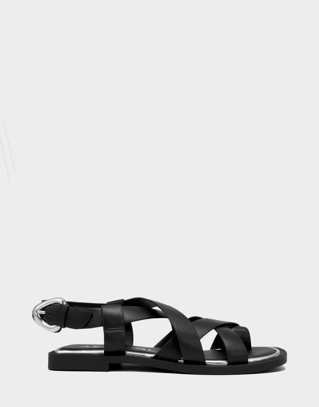 Comfortable Women's Flat Sandal in Black Faux Leather Side View