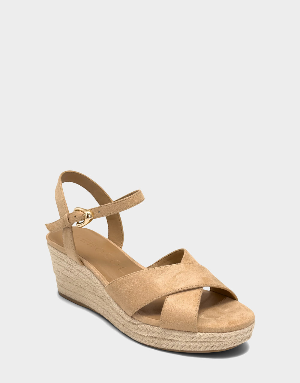 Comfortable Women's Wedge Sandal in Natural Faux Suede Side Angle View