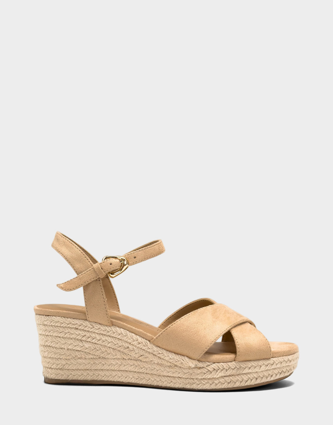 Comfortable Women's Wedge Sandal in Natural Faux Suede Side View