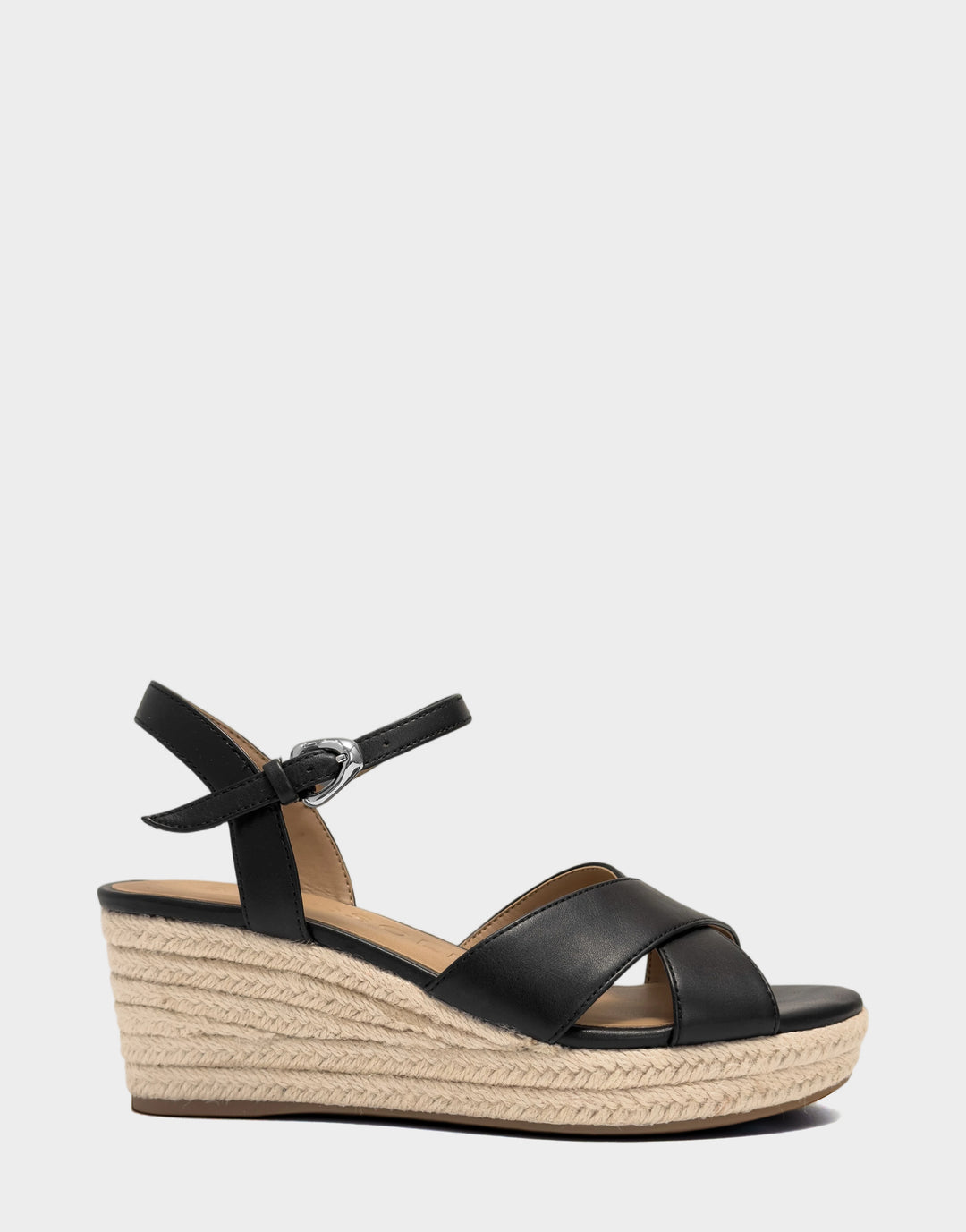 Comfortable Women's Wedge Sandal in Black Faux Soft Leather Side View