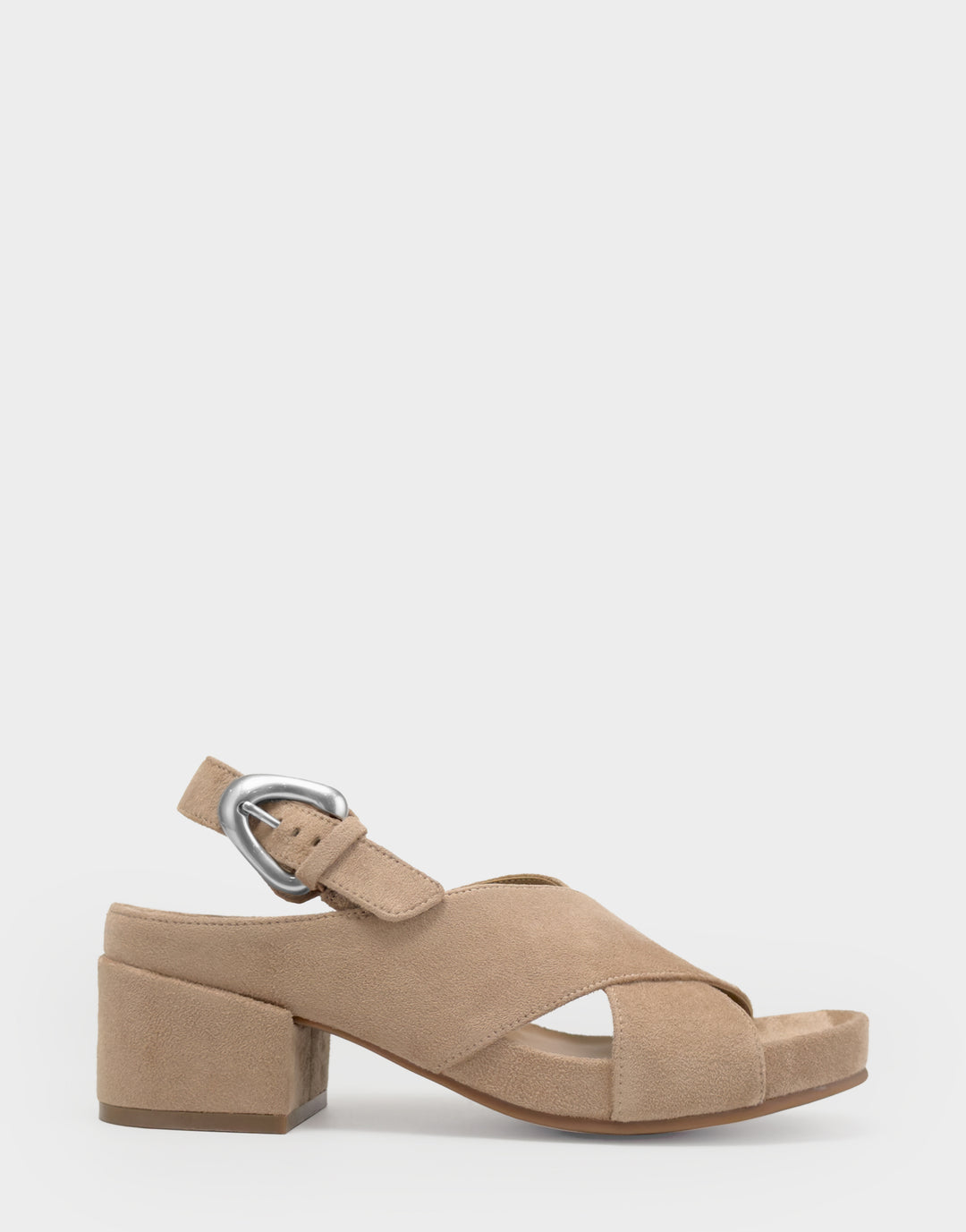 Comfortable Women's Heeled Sandal in Natural Faux Suede Side View