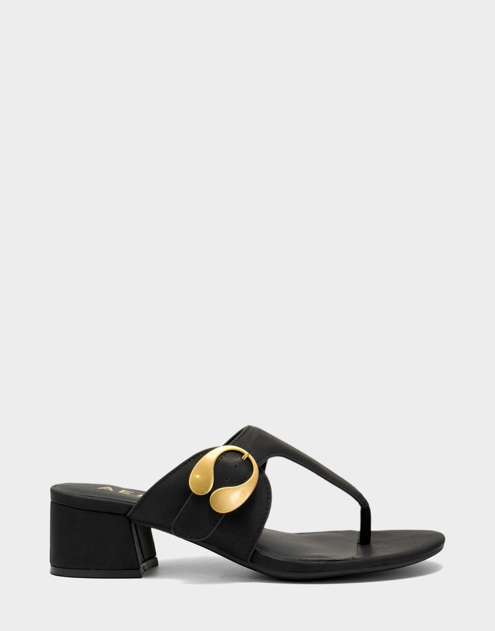 Comfortable Women's Heeled Sandal in Black Faux Calf Side View