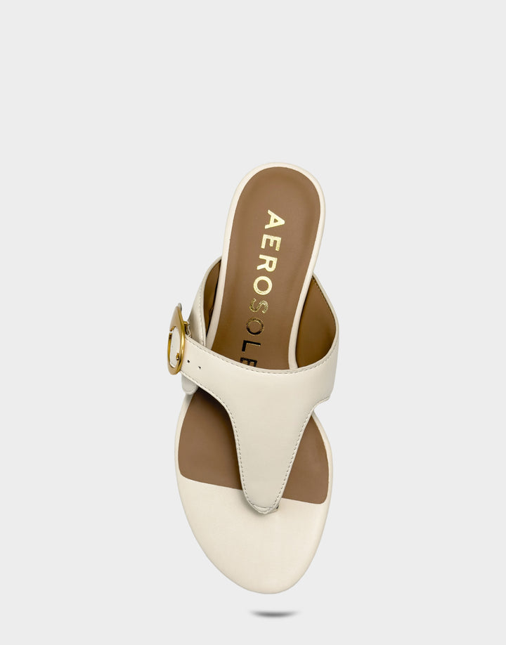 Comfortable Women's Heeled Sandal in Cream Faux Leather Full Front View