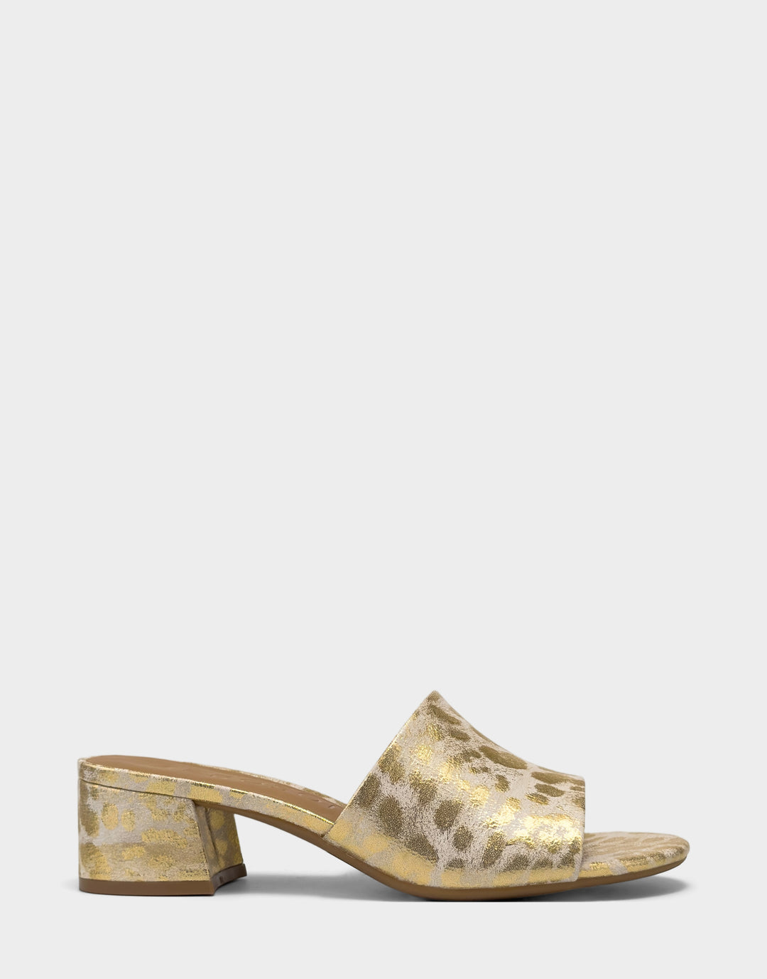 Comfortable Women's Low Heeled Sandal in Metallic Faux Leopard Side View