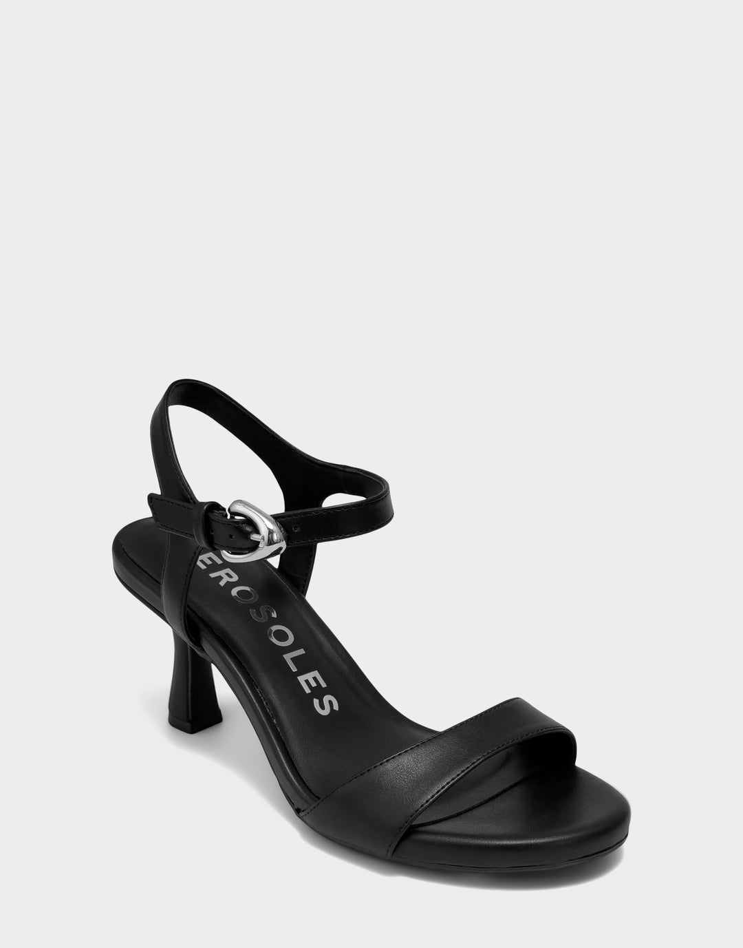 Comfortable Women's Heeled Sandal in Black Faux Leather Side Angle View