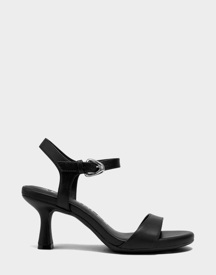 Comfortable Women's Heeled Sandal in Black Faux Leather Side View