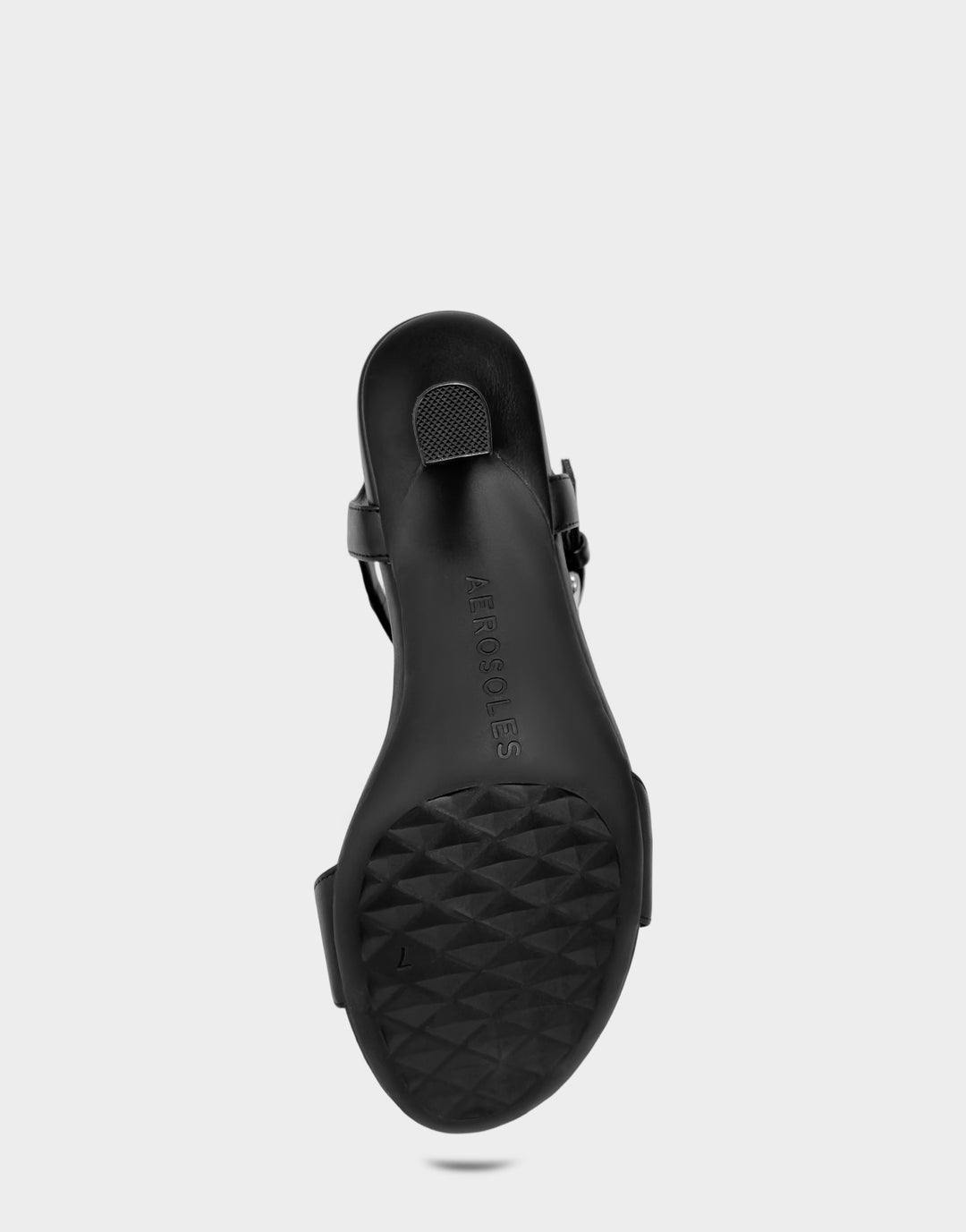 Comfortable Women's Heeled Sandal in Black Faux Leather Bottom View