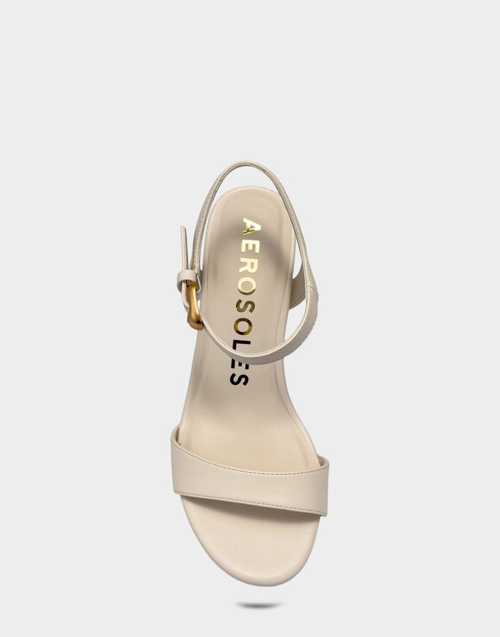 Comfortable Women's Heeled Sandal in Cream Faux Leather Full Front View