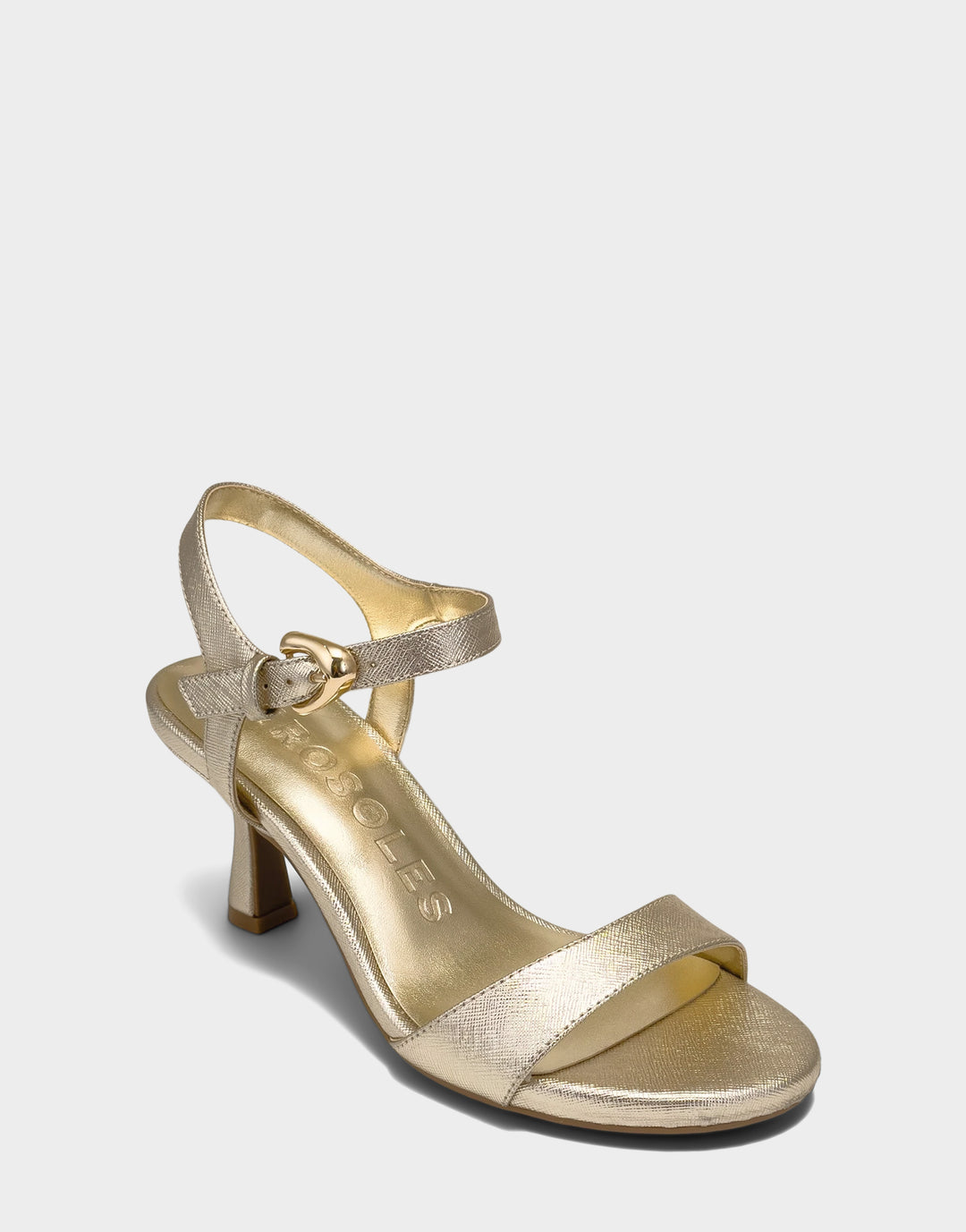 Comfortable Women's Heeled Sandal in Metallic Faux Saffiano Side Angle View