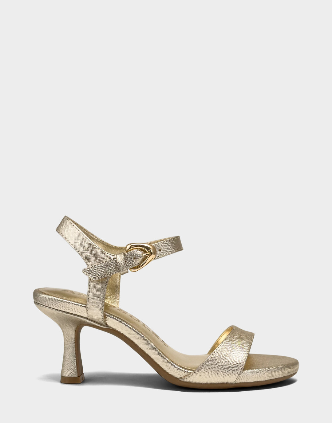 Comfortable Women's Heeled Sandal in Metallic Faux Saffiano Side View