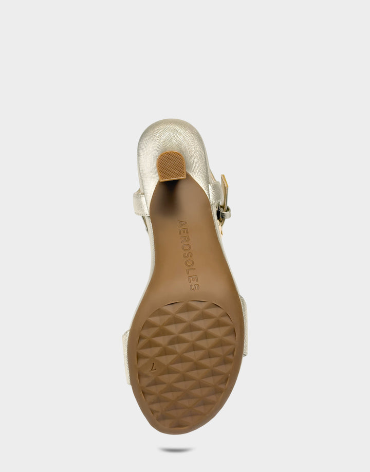 Comfortable Women's Heeled Sandal in Metallic Faux Saffiano Bottom View