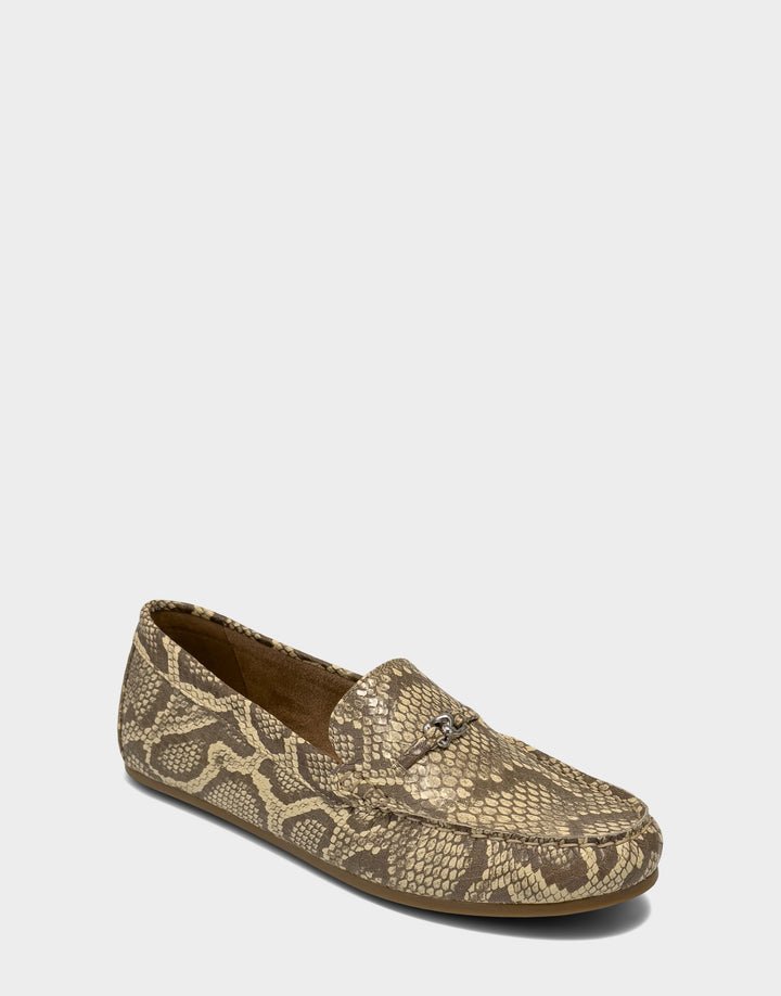 Comfortable Women's Casual Loafer in Yellow Faux Snake Print Side Angle View