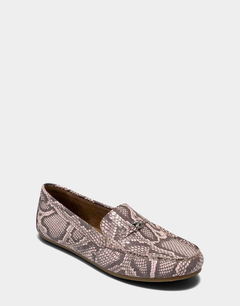 Comfortable Women's Casual Loafer in Pink Faux Snake Print Side Angle View