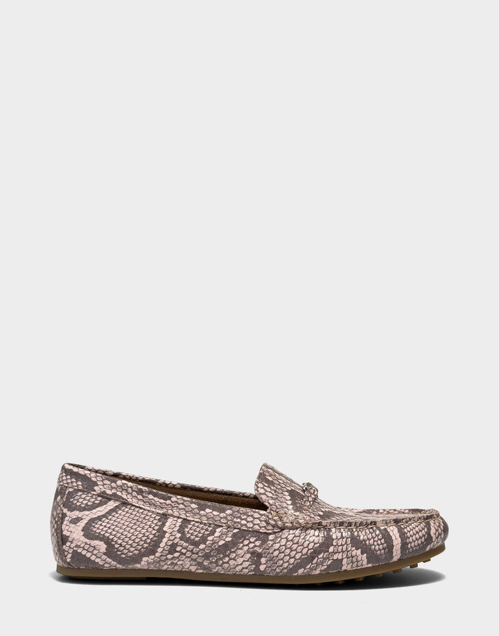 Comfortable Women's Casual Loafer in Pink Faux Snake Print Side View