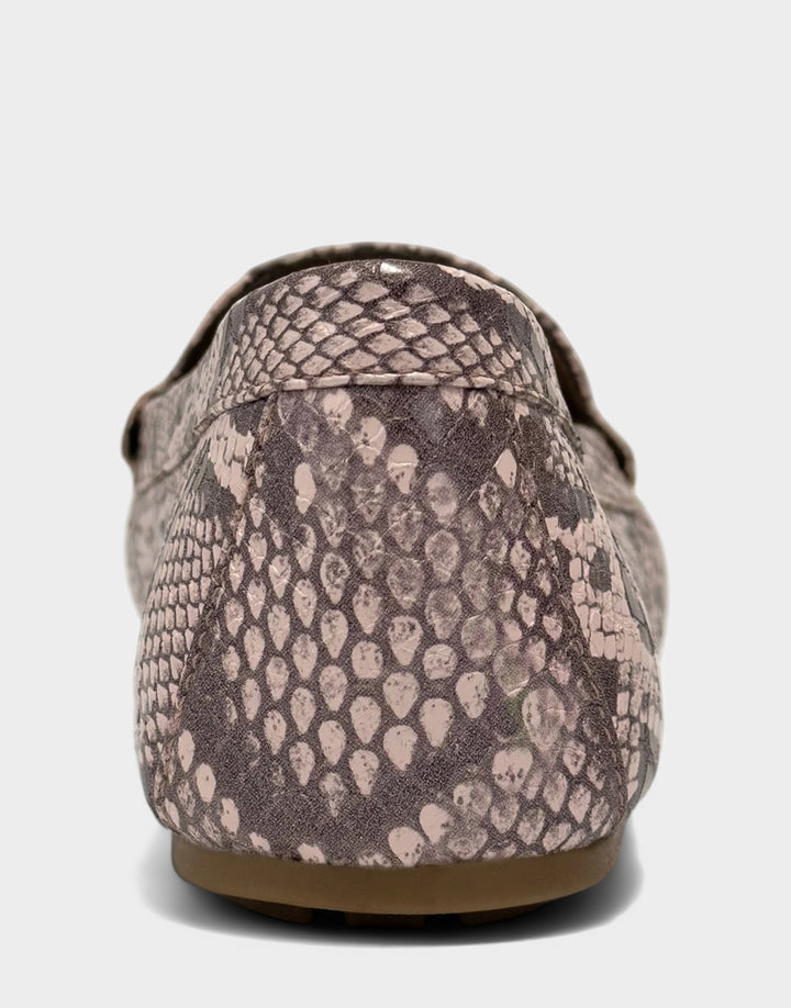 Comfortable Women's Casual Loafer in Pink Faux Snake Print Back View