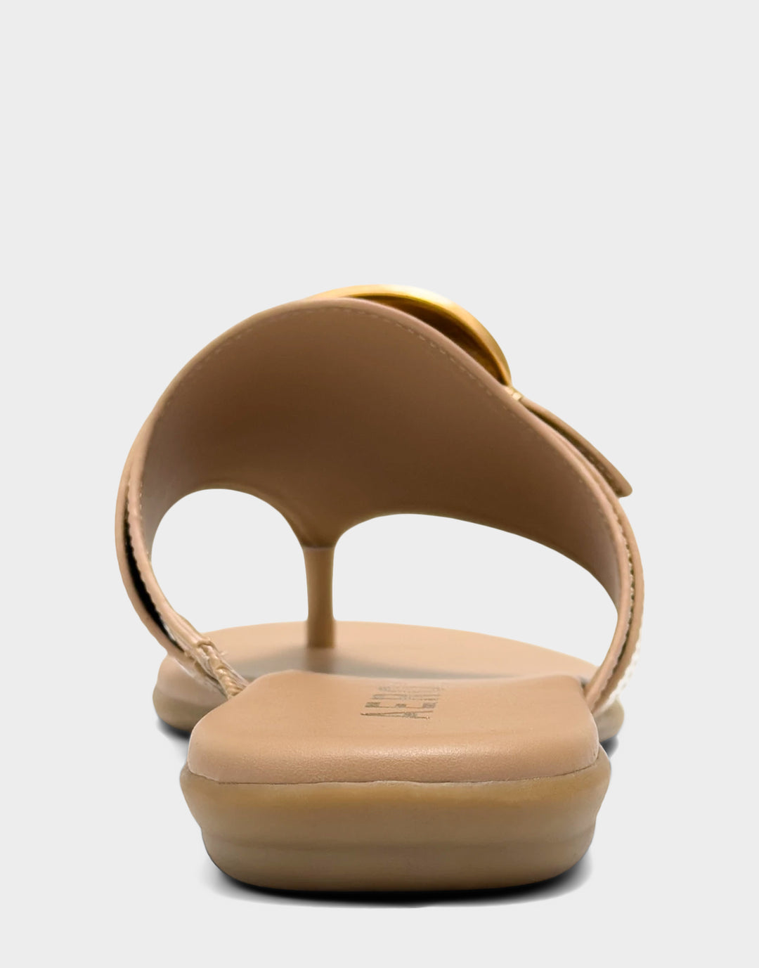 Comfortable Women's Flat Sandal in Natural Faux Patent Back View