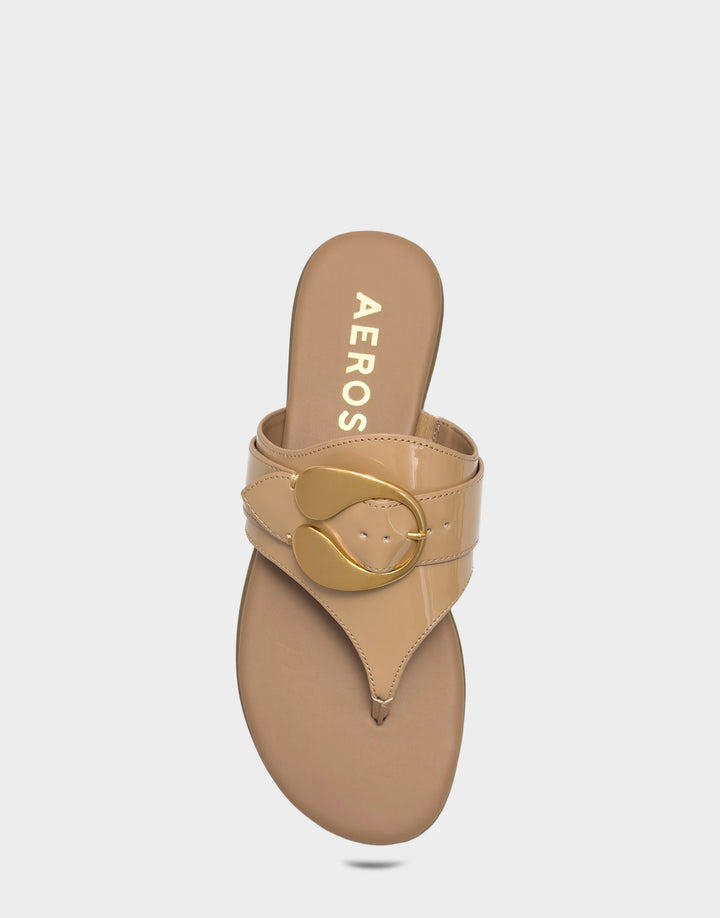 Comfortable Women's Flat Sandal in Natural Faux Patent Full Front View