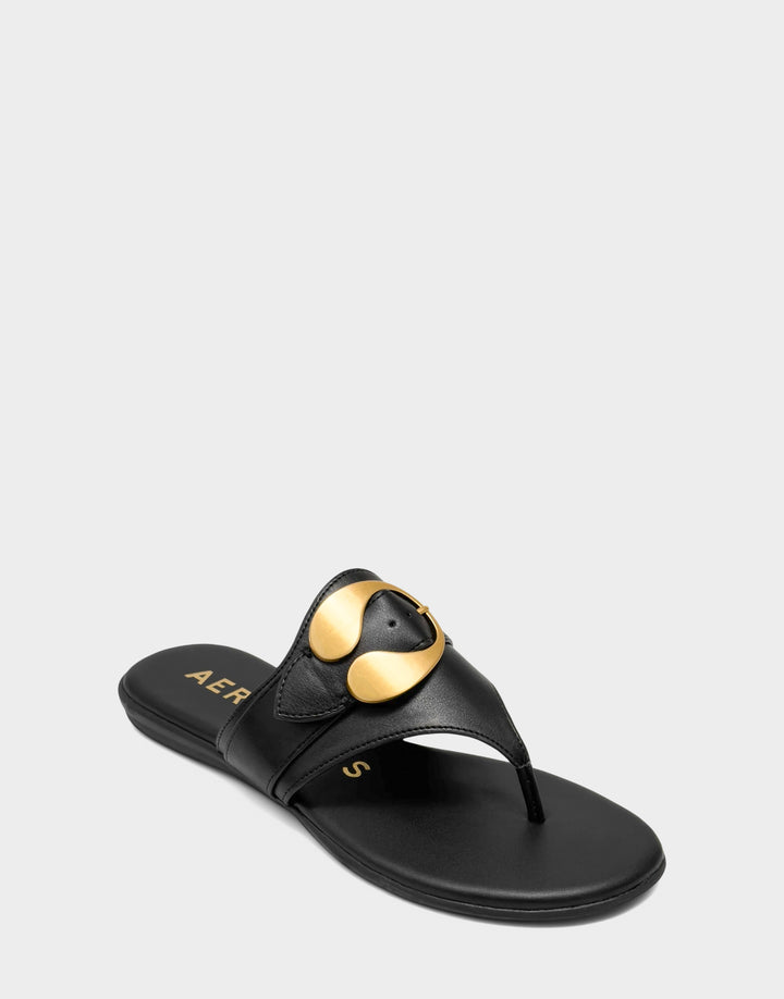 Comfortable Women's Flat Sandal in Black Faux Leather Side Angle View