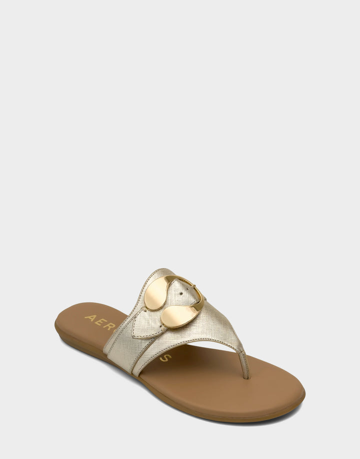 Comfortable Women's Flat Sandal in Metallic Faux Saffiano Side Angle View