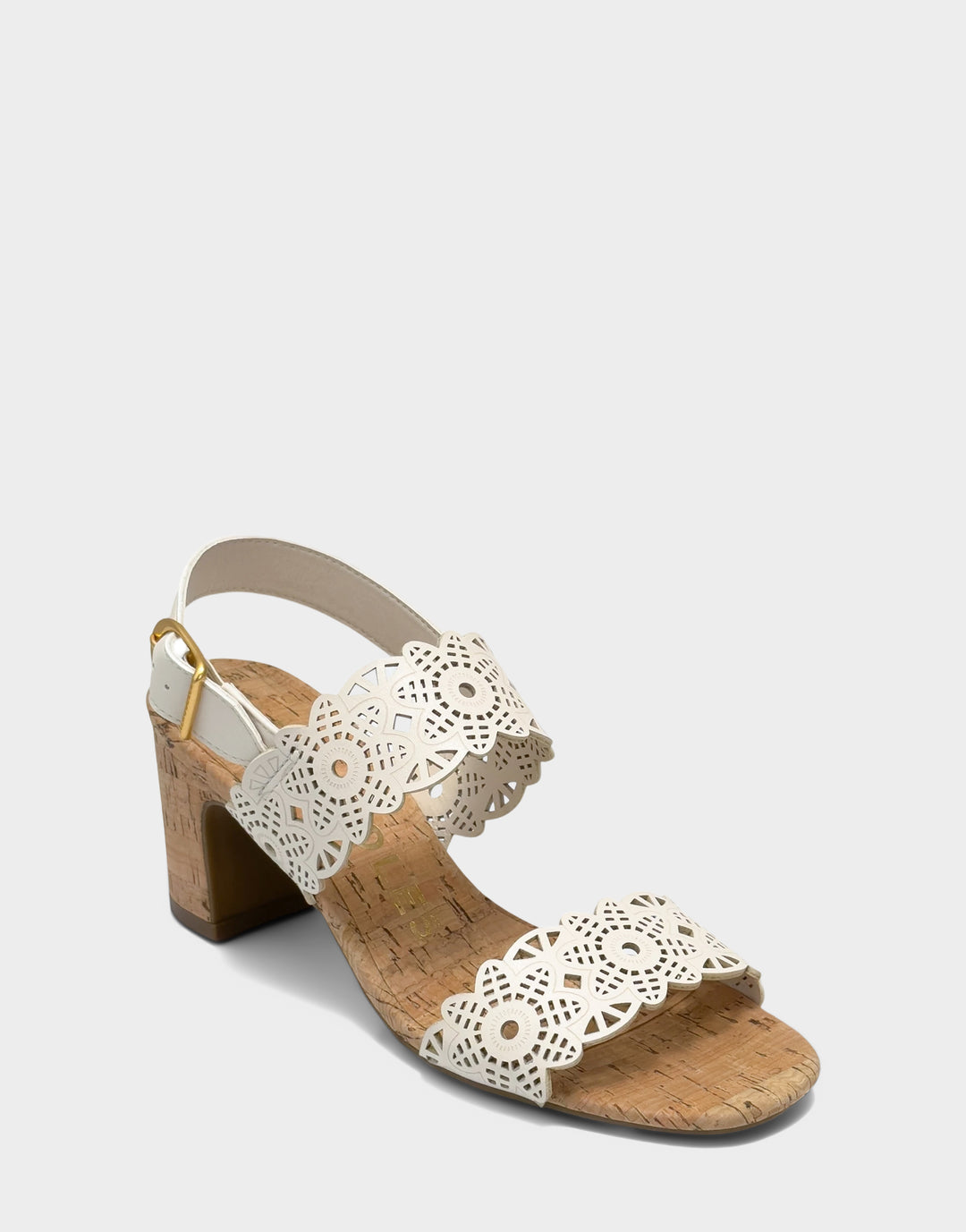 Comfortable Women's Heeled Sandal in Cream Perf Faux Leather Side Angle View