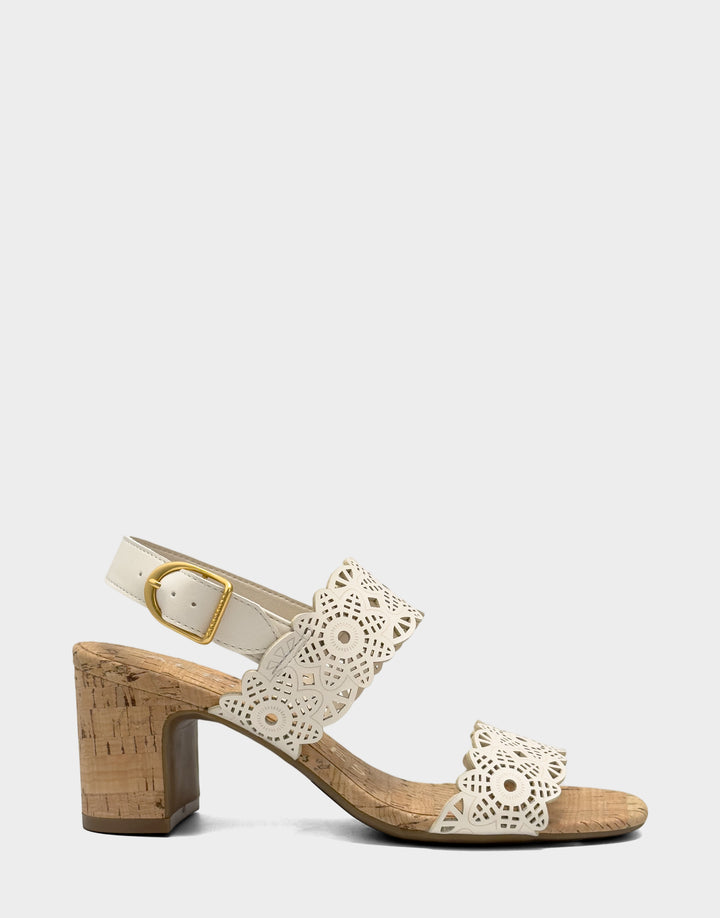 Comfortable Women's Heeled Sandal in Cream Perf Faux Leather Side View