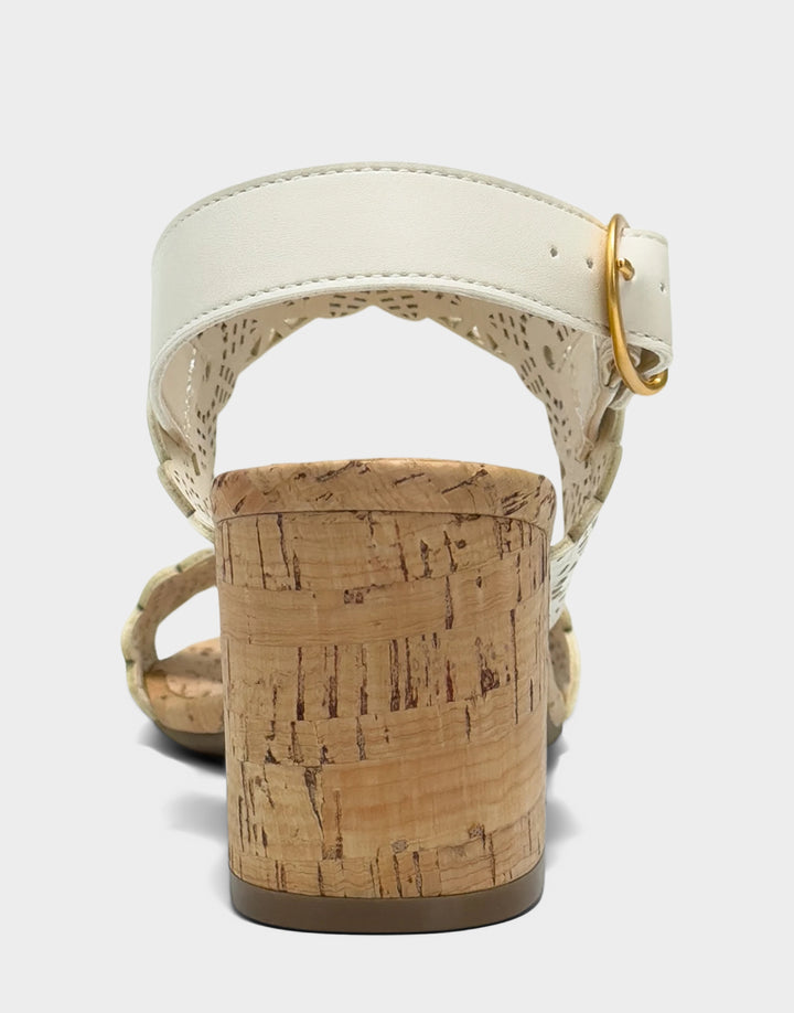 Comfortable Women's Heeled Sandal in Cream Perf Faux Leather Back View