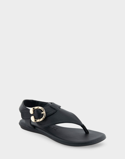 Women's Buckle Detail Back Strap Thong Sandal in Black Grainy Faux Leather