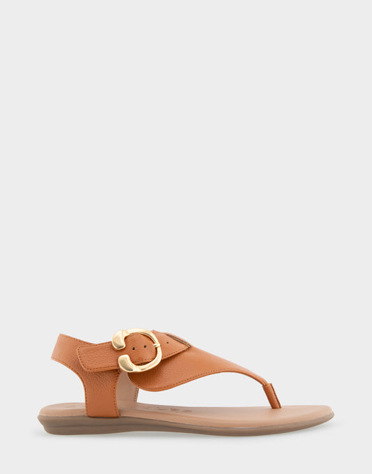 Women's Buckle Detail Back Strap Thong Sandal in Tan Grainy Faux Leather