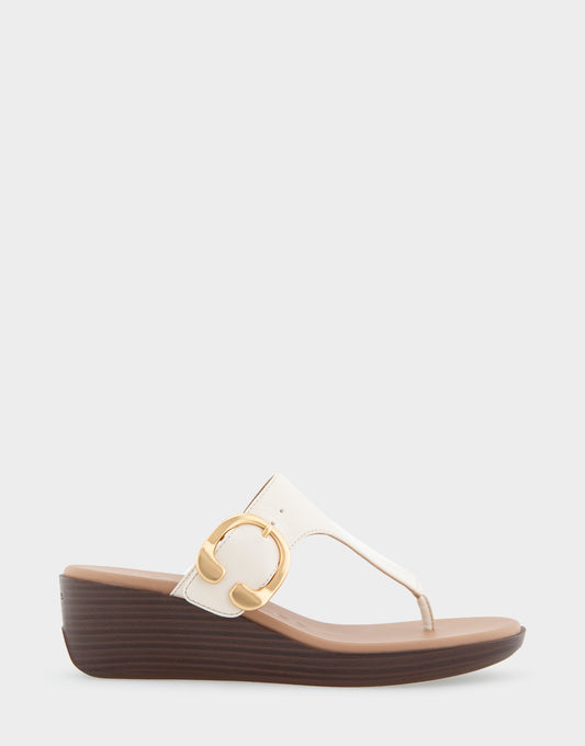 Women's Buckle Detail Wedge Thong Sandal in Eggnog Faux Leather
