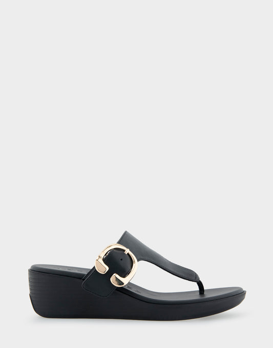 Women's Buckle Detail Wedge Thong Sandal in Black Faux Leather