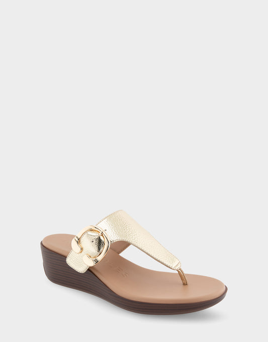 Women's Buckle Detail Wedge Thong Sandal in Soft Gold Faux Leather