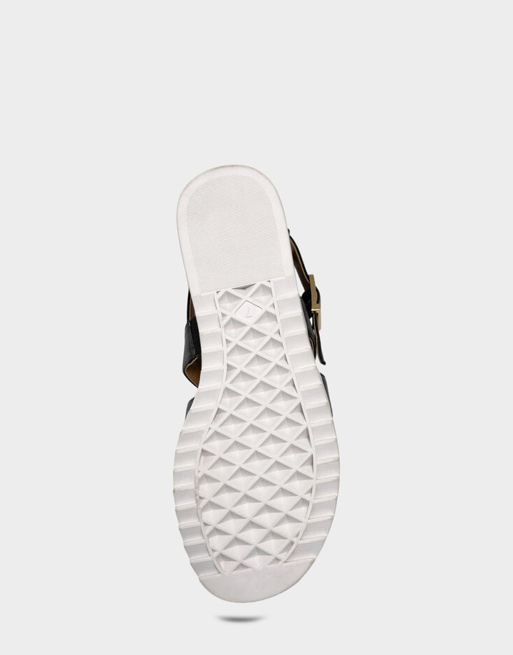 Comfortable Women's Fisherman Sandal in Black Faux Leather Bottom View