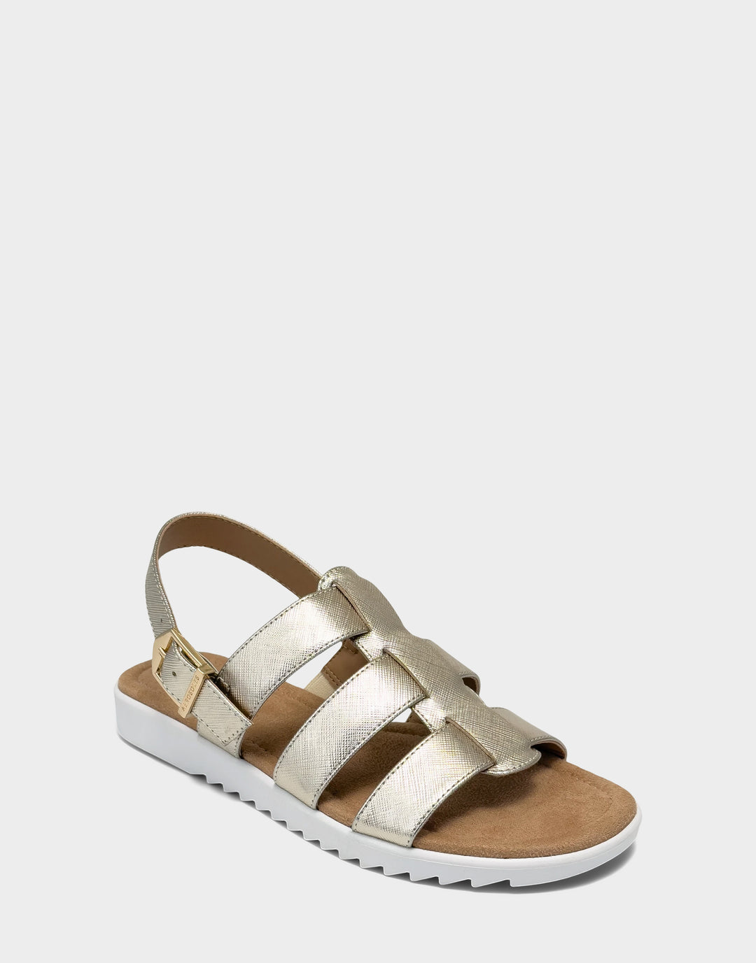 Comfortable Women's Fisherman Sandal in Gold Faux Metallic Saffiano Side Angle View