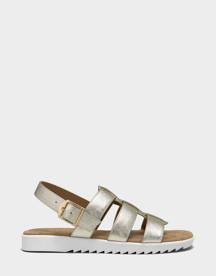 Comfortable Women's Fisherman Sandal in Gold Faux Metallic Saffiano Side View