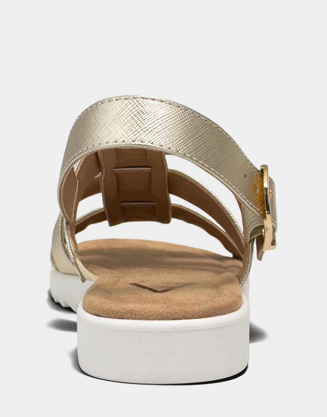 Comfortable Women's Fisherman Sandal in Gold Faux Metallic Saffiano Back View