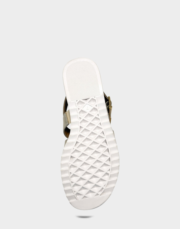 Comfortable Women's Fisherman Sandal in Gold Faux Metallic Saffiano Bottom View