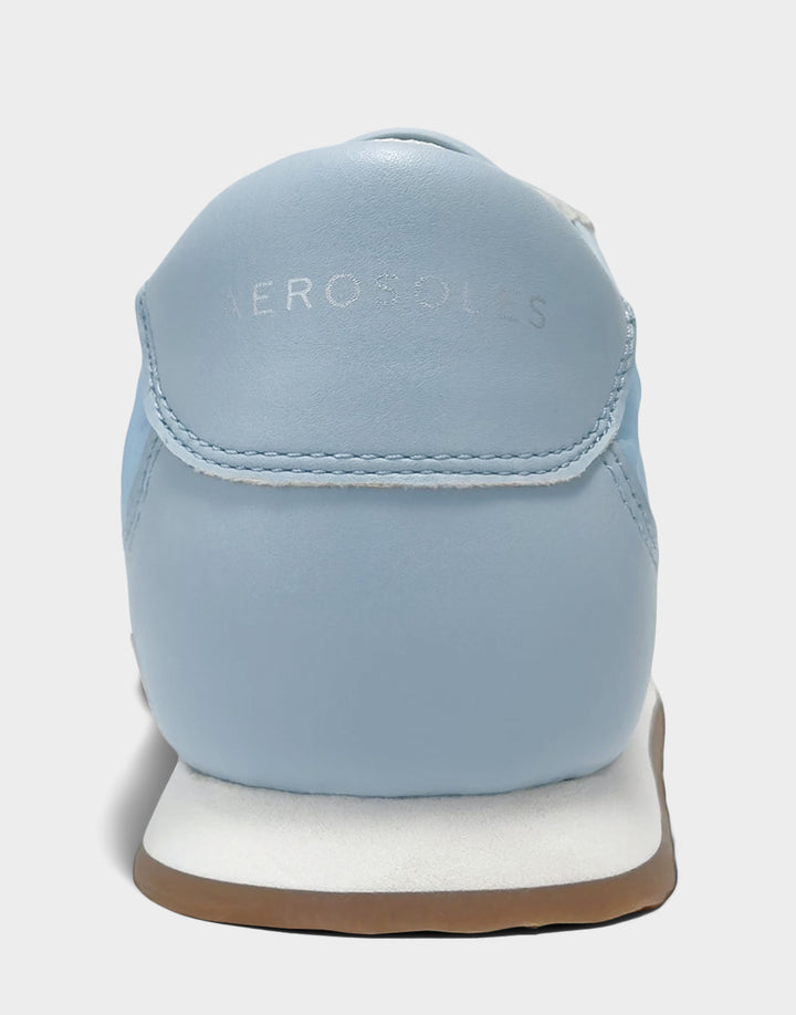 Comfortable Women's Sneaker in Pale Blue Nylon/Faux Leather, rear view 