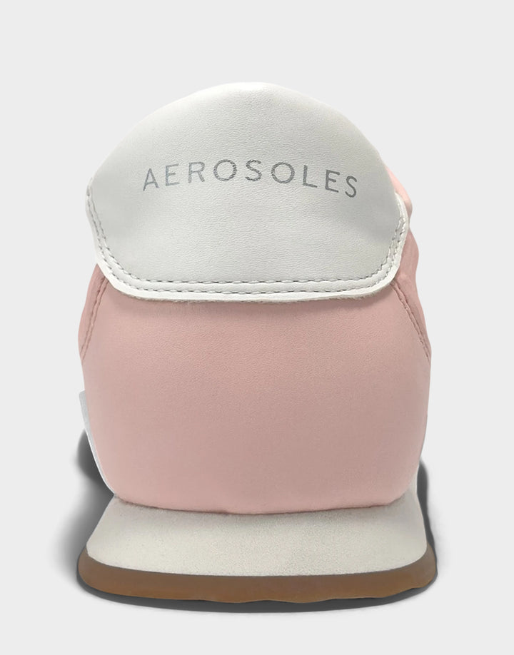 Comfortable Women's Jeanine Sneaker in Pale Pink Nylon/Faux Suede, back view