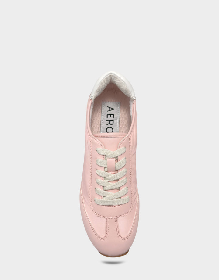 Comfortable Women's Jeanine Sneaker in Pale Pink Nylon/Faux Suede, top view