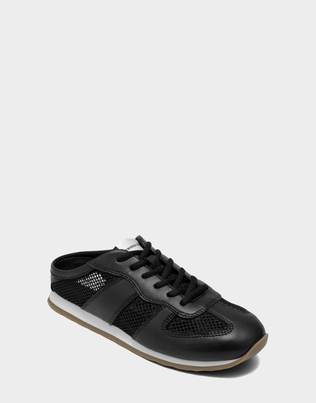 Comfortable Women's Sneaker Mule in Black Faux Leather & Mesh, side angle